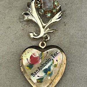Vintage San Antonio Souvenir Heart Locket Brooch with Floral Design